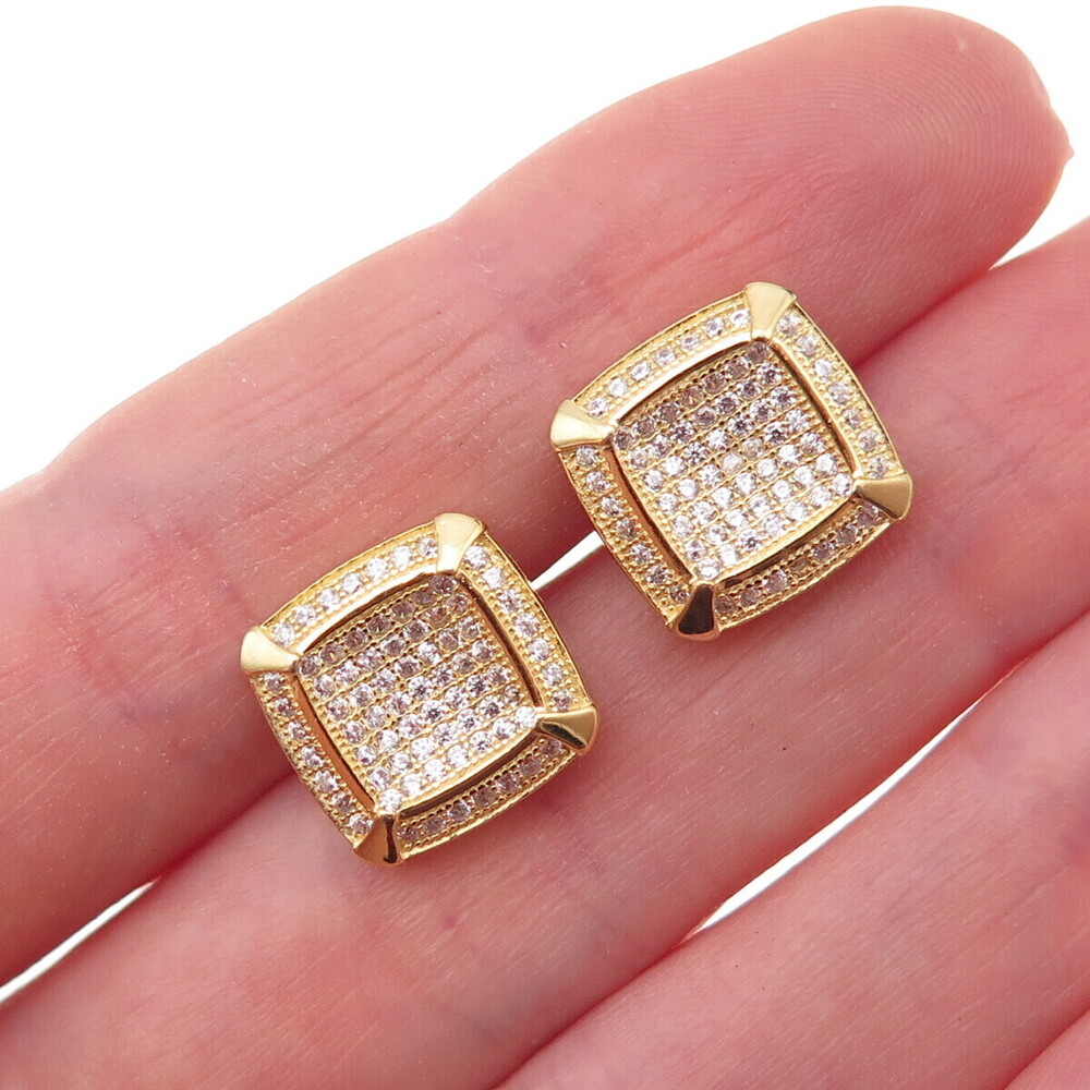 925 Sterling Silver Gold Plated Round-Cut C Z Cushion Stud Earrings